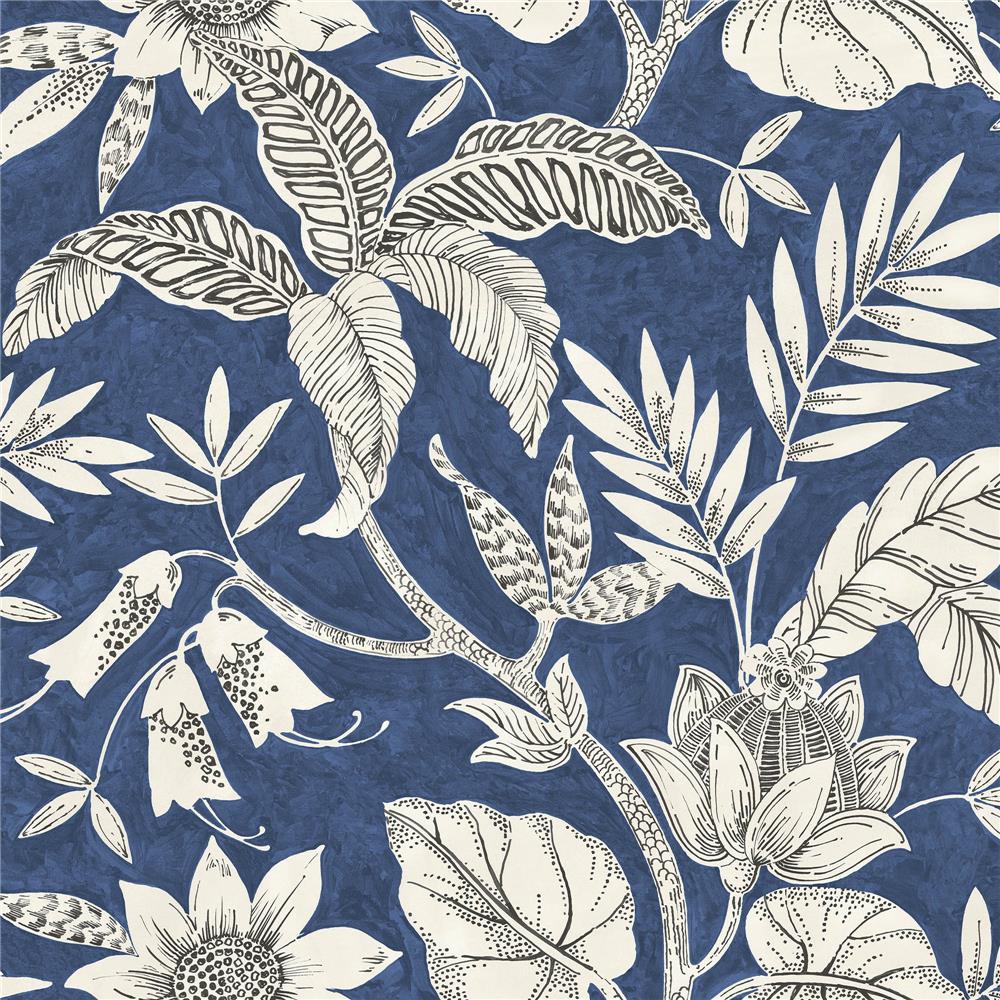 Seabrook Designs RY30202 Boho Rhapsody Rainforest Leaves Wallpaper in Sapphire and Brushed Ebony