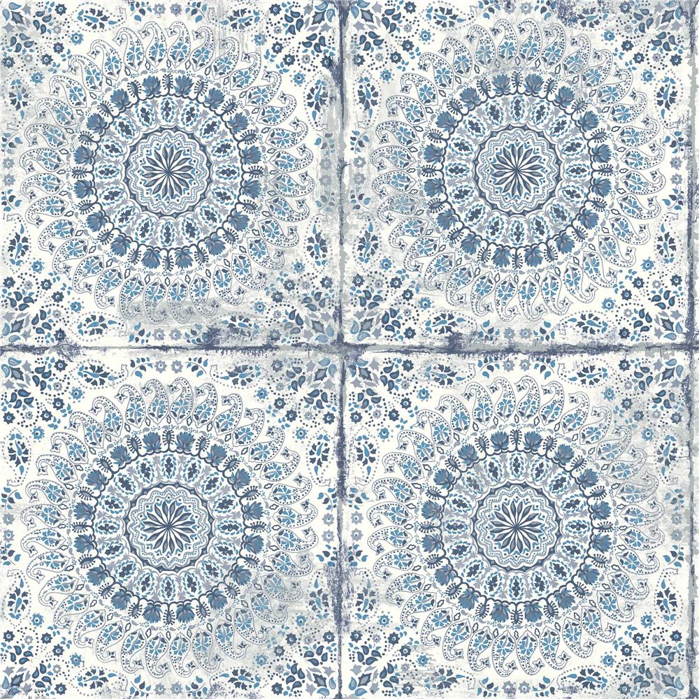 Seabrook Designs RY30702 Boho Rhapsody Mandala Boho Tile Wallpaper in Cerulean and Washed Denim
