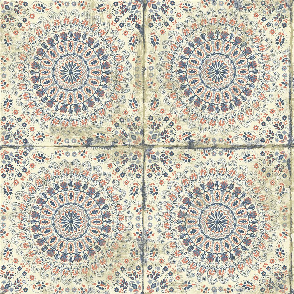 Seabrook Designs RY30706 Boho Rhapsody Mandala Boho Tile Wallpaper in Coral, Cream, and Midnight Blue