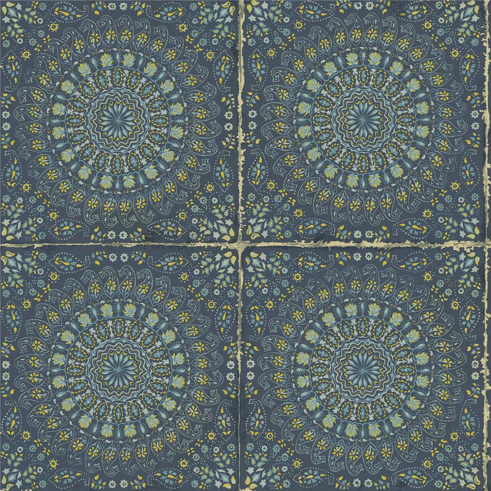 Seabrook Designs RY30712 Boho Rhapsody Mandala Boho Tile Wallpaper in Navy Blue and Dandelion