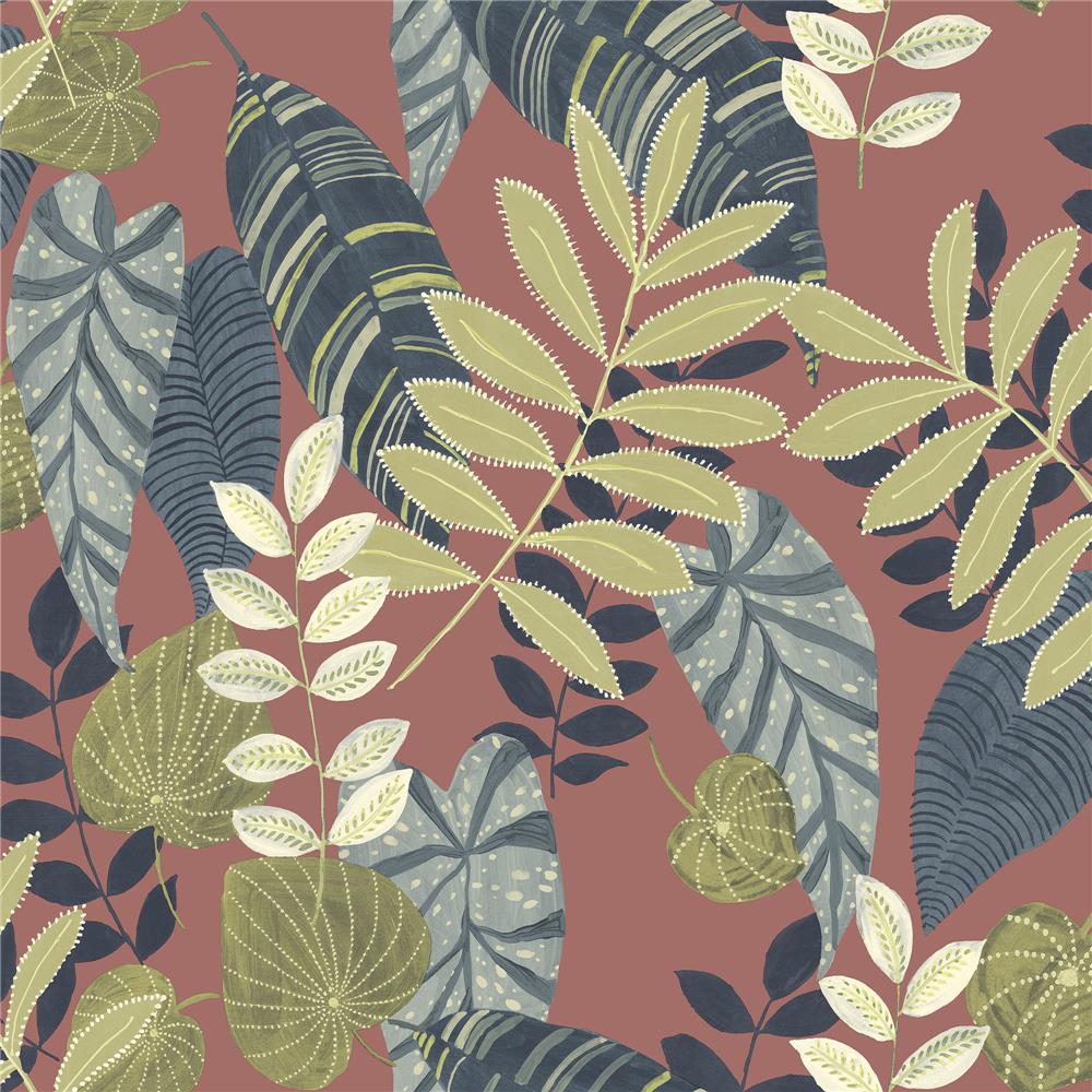 Seabrook Designs RY30906 Boho Rhapsody Tropicana Leaves Wallpaper in Redwood, Olive, and Washed Denim