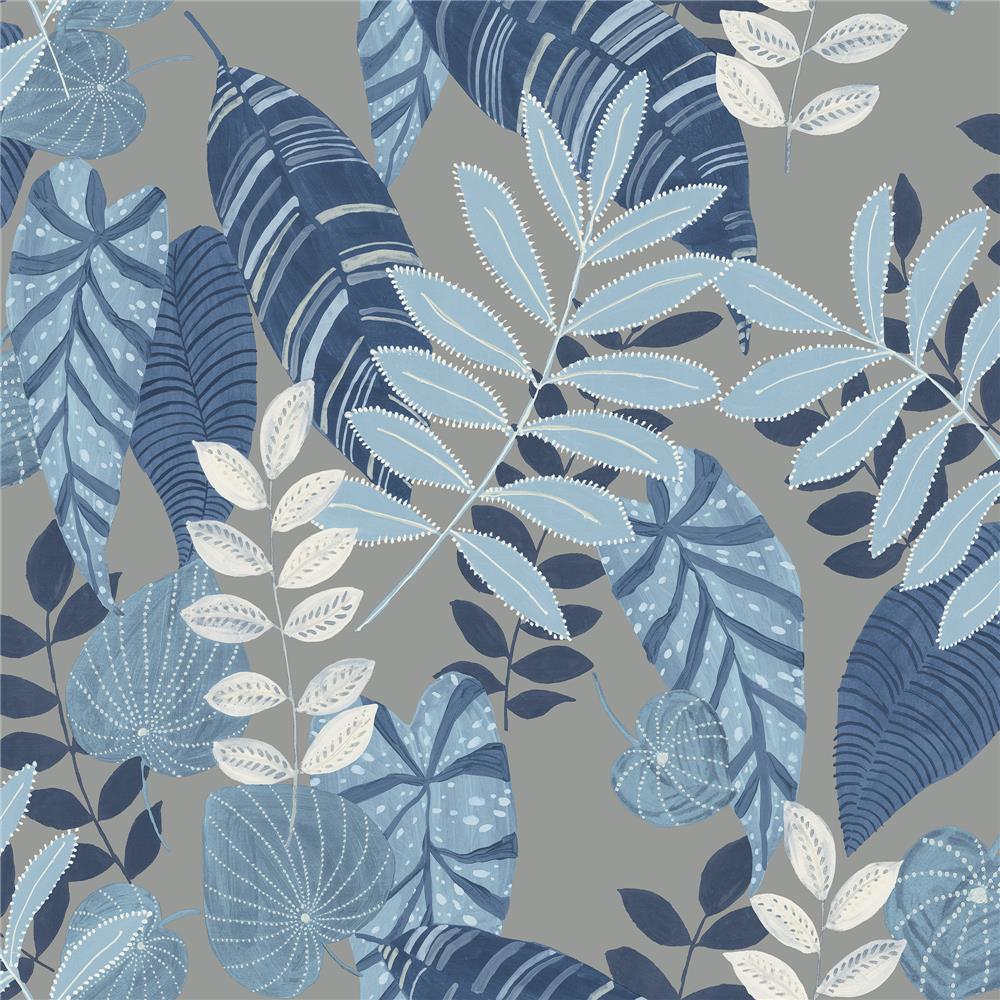 Seabrook Designs RY30912 Boho Rhapsody Tropicana Leaves Wallpaper in Metallic Gray, Sky Blue, and Champlain