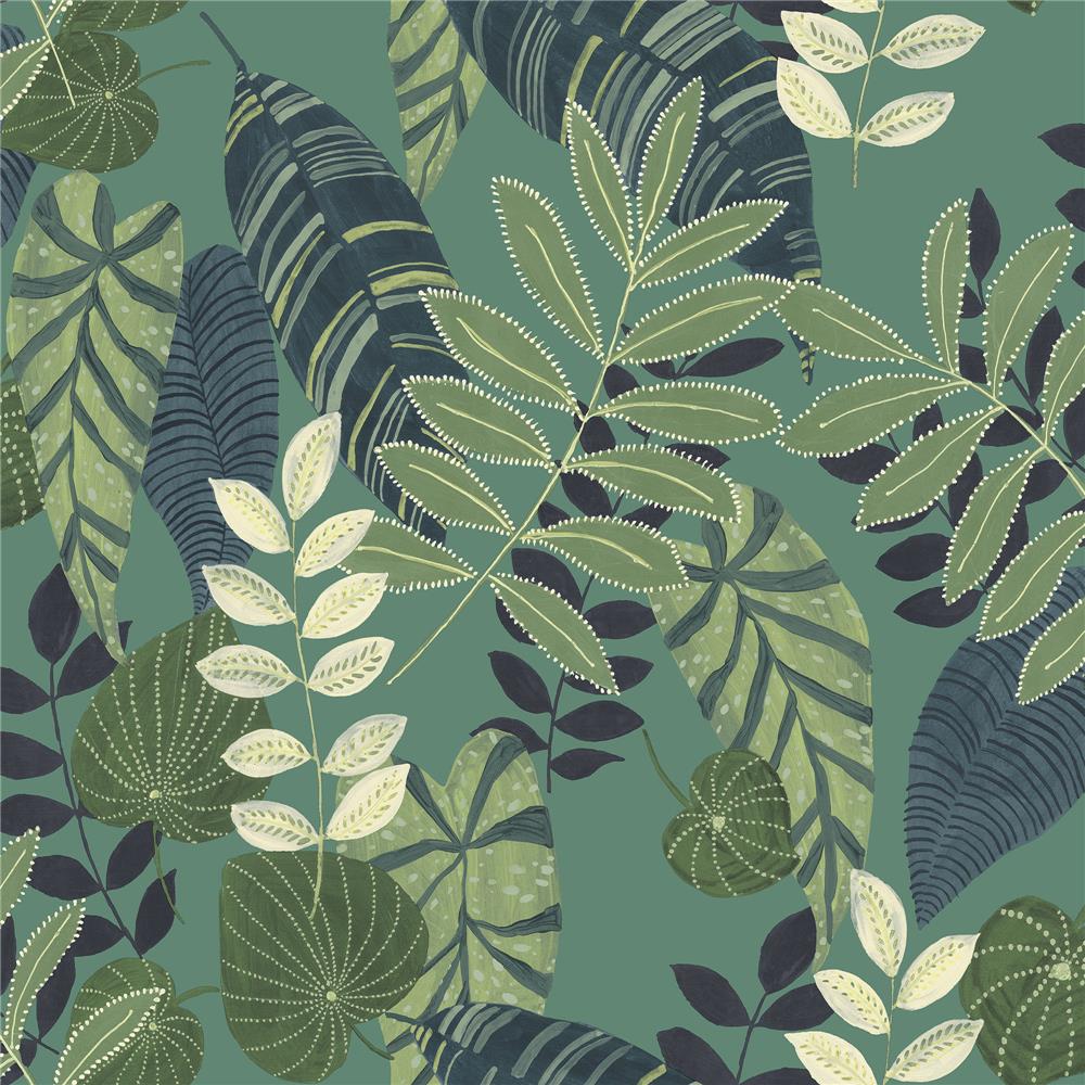 Seabrook Designs RY30914 Boho Rhapsody Tropicana Leaves Wallpaper in Jade, Rosemary, and Spruce