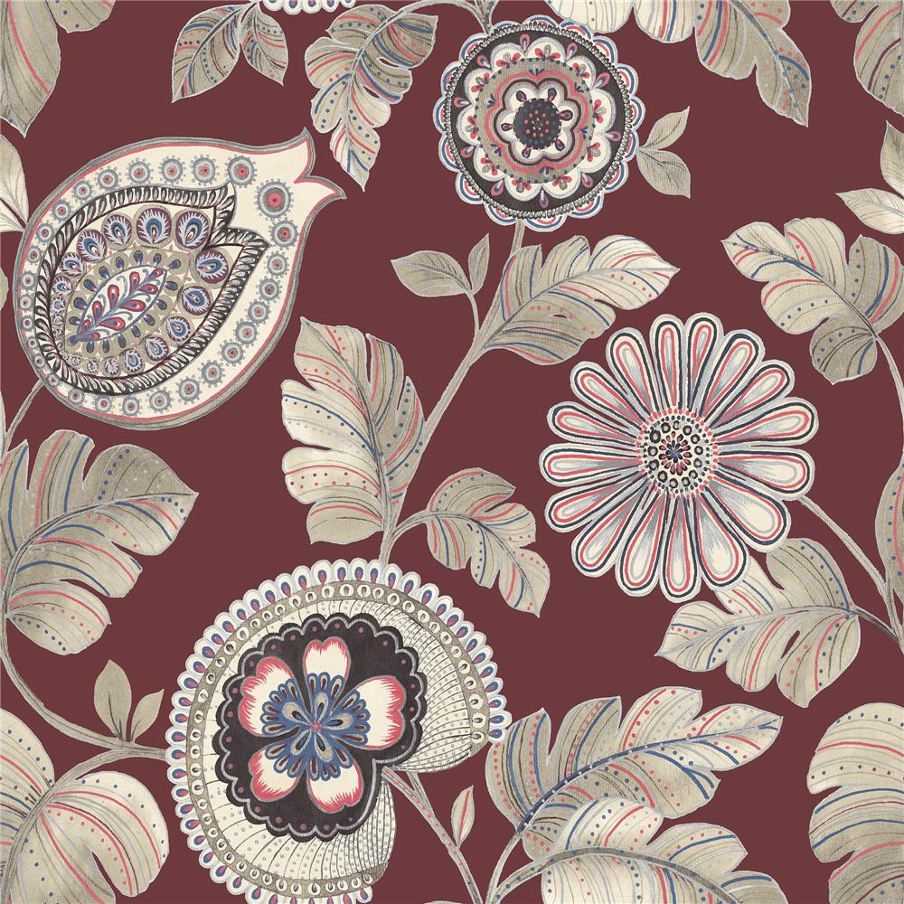 Seabrook Designs RY31201 Boho Rhapsody Calypso Paisley Leaf Wallpaper in Cabernet and Coral