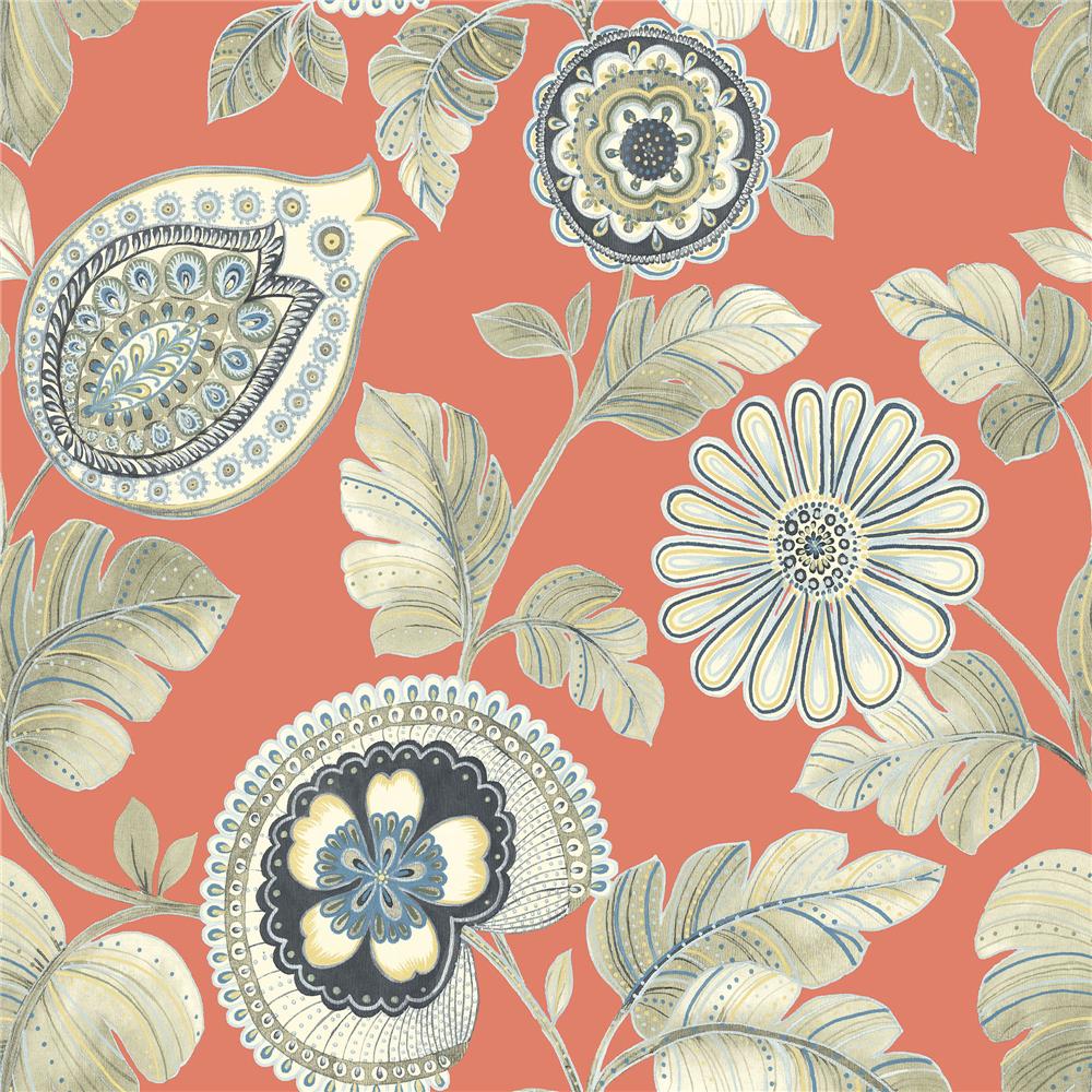Seabrook Designs RY31206 Boho Rhapsody Calypso Paisley Leaf Wallpaper in Coral and Aloe