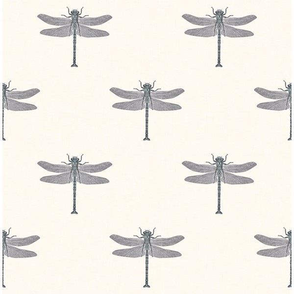 Seabrook Wallpaper TA20300 Dragonfly, Insects Wallpaper in Black, Metallic Silver, White