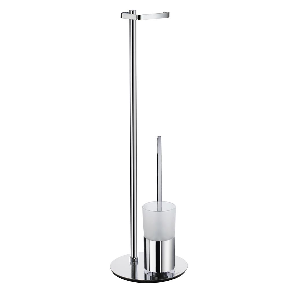 Smedbo FK312 OUTLINE TOILET ROLL HOLDER (FREESTANDING)/TOILET BRUSH W/FROSTED GLASS CONTAINER  Polished Chrome/frosted glass