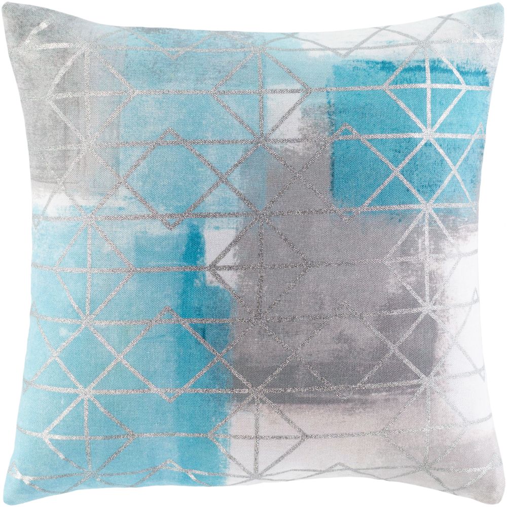 Surya Balliano BLN-006 18"H x 18"W Pillow Cover in White, Aqua, Medium Gray, Light Gray, Metallic - Silver