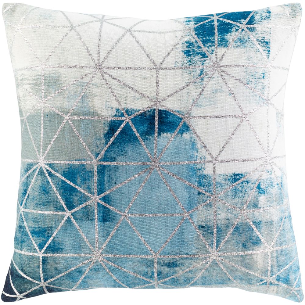 Surya Balliano BLN-007 18"H x 18"W Pillow Cover in Aqua, White, Pale Blue, Bright Blue, Navy, Seafoam, Metallic - Silver