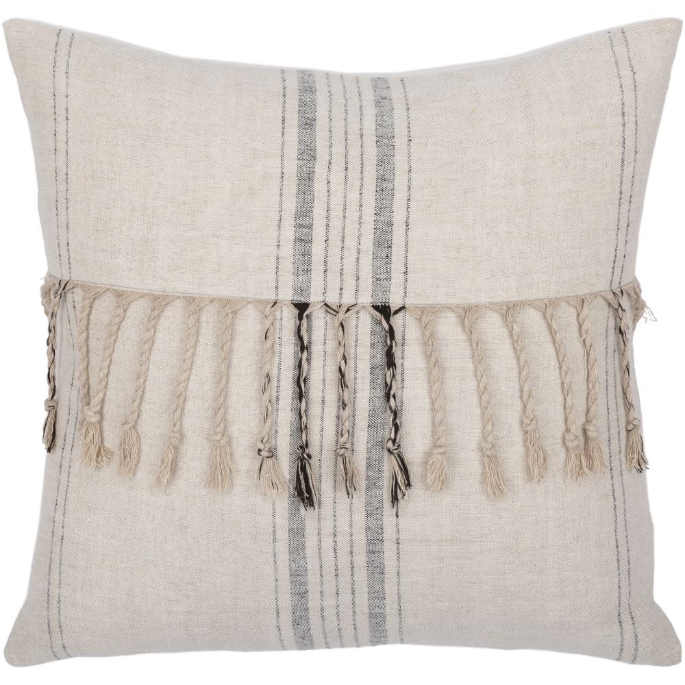 Surya Linen Stripe Embellished LSP-003 18"H x 18"W Pillow Kit in Beige, Cream, Black, Ivory