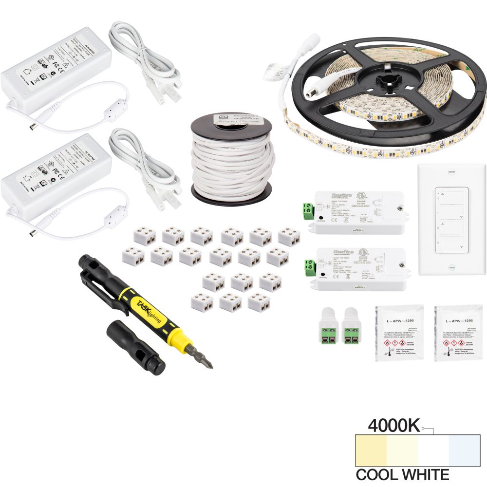 Task Lighting L-VK2Z2A-16-40 16 ft 225 Lumens Per Foot Vivid Duo Wireless Controller Tape Light Kit, 2 Zone 2 Area, 4000K Cool White
