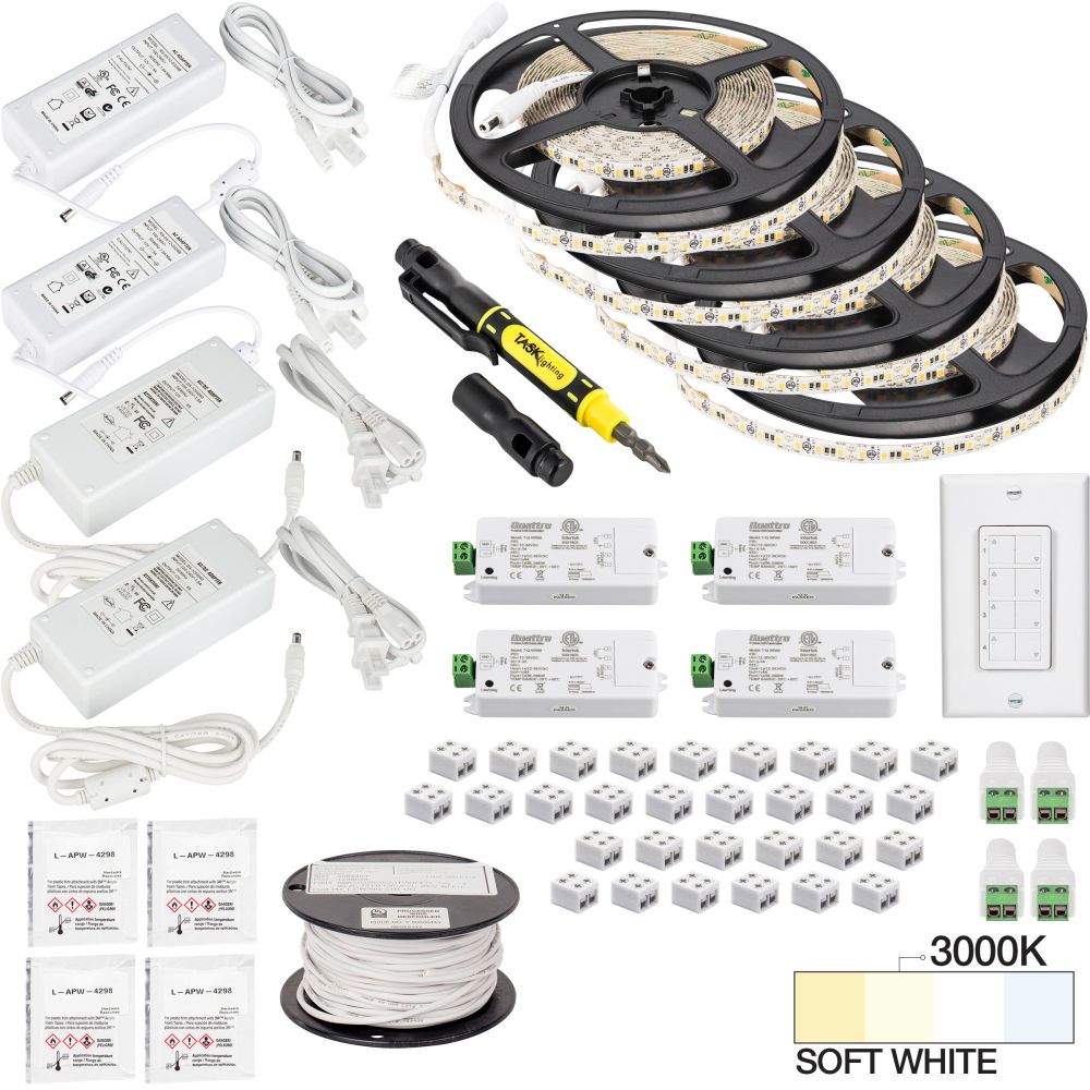 Task Lighting L-VK4Z4A-65-30 65 ft 225 Lumens Per Foot Vivid Quattro Wireless Controller Tape Light Kit, 4 Zone 4 Area, 3000K Soft White