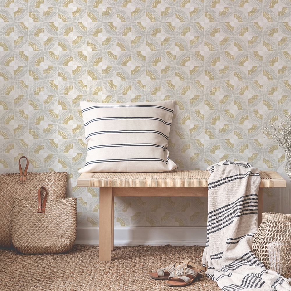 Tempaper GF653 Grasscloth Fans Canary Gold Peel and Stick Wallpaper