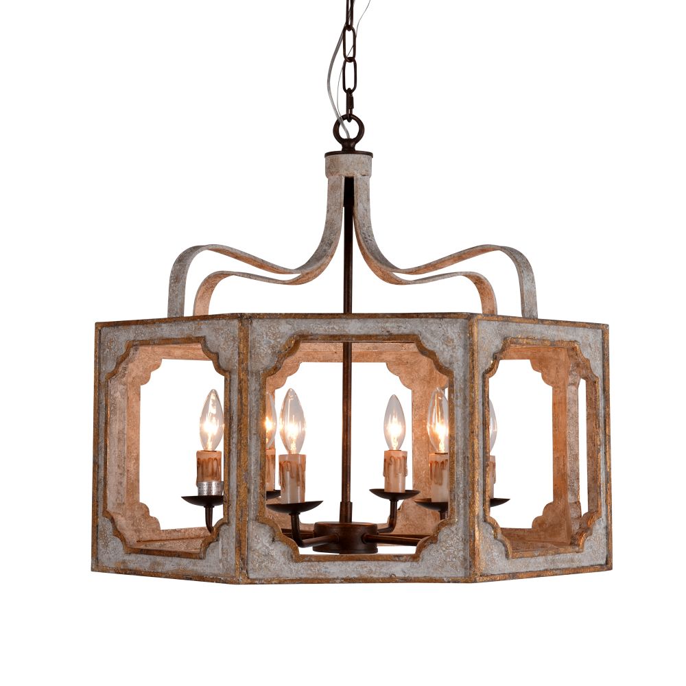 Terracotta Designs H8104S-6 Nadia Hexagon Chandelier - Small in Antique white and gold