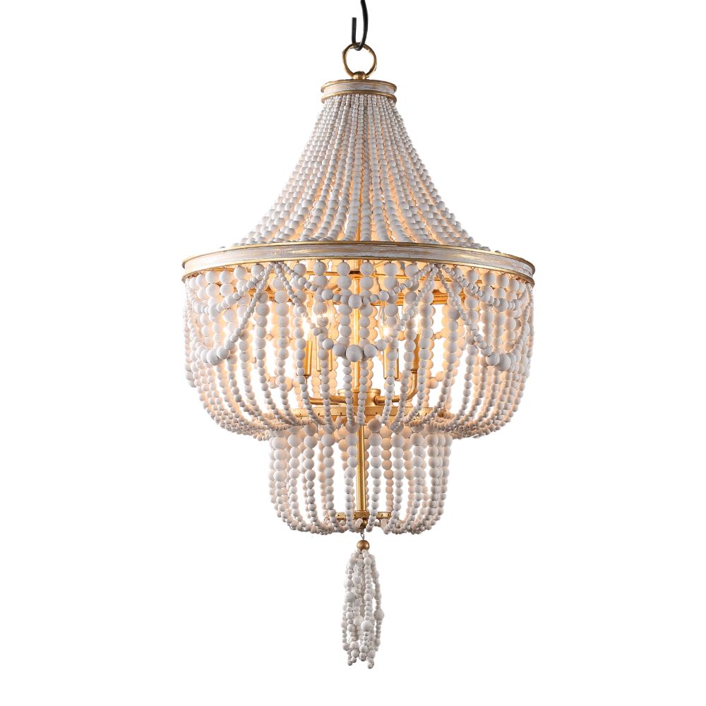 Terracotta Designs H9116-4W Candia Beach White Wood Beads Chandelier in Antique Gold
