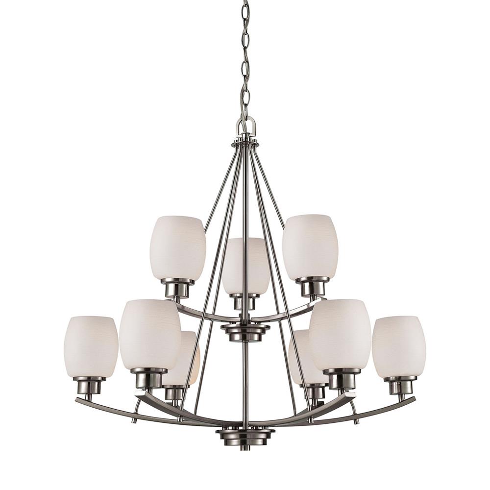Thomas Lighting CN170922 Casual Mission 9 Light Chandelier In Brushed Nickel With White Lined Glass