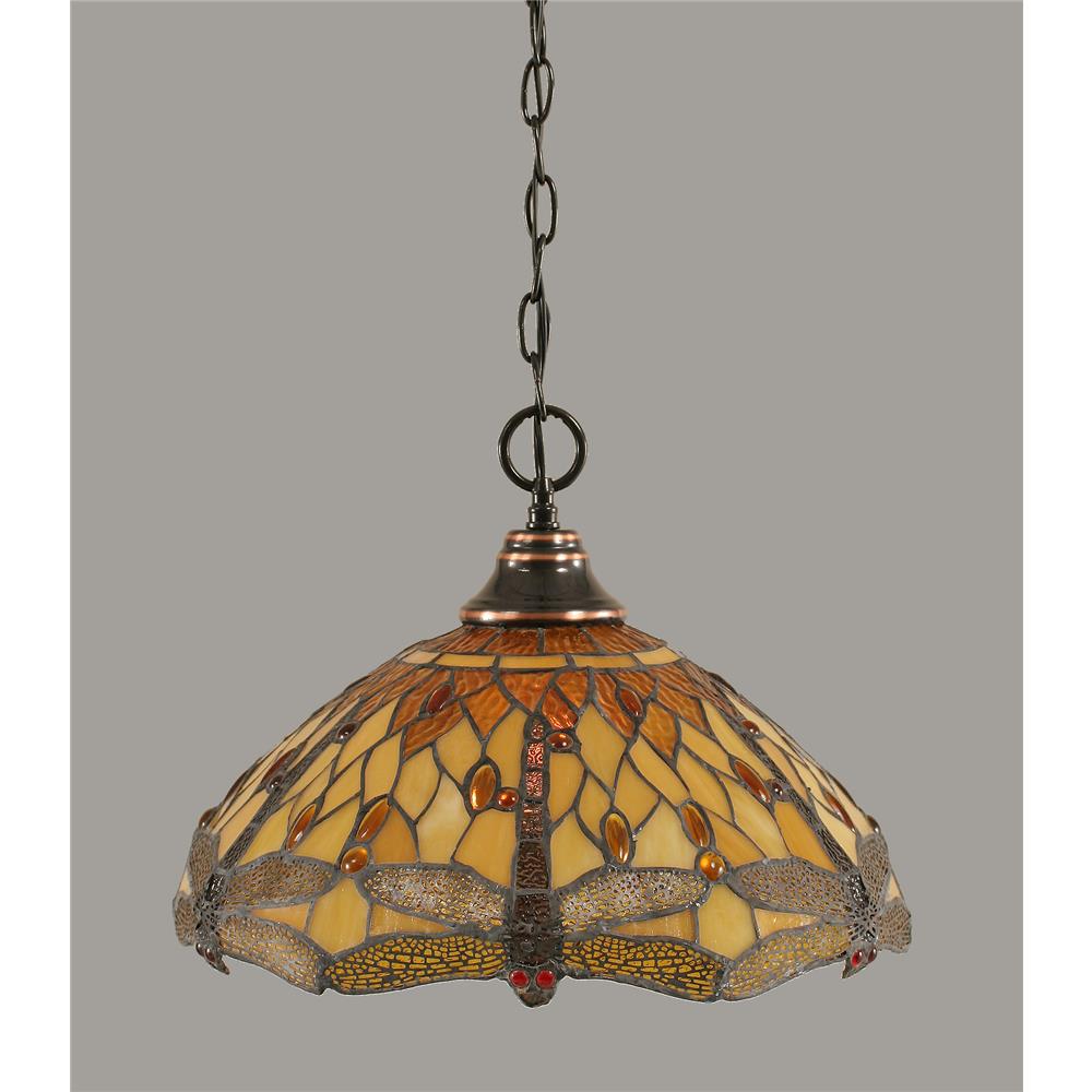 Toltec Lighting 10-BC-946 Chain Hung Pendant Shown In Black Copper Finish With 16" Amber Dragonfly Tiffany Glass