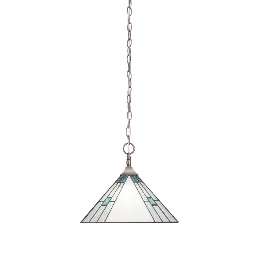 Toltec Lighting 12-BN-953 Chain Hung Pendant With Square Fitter Shown In Brushed Nickel Finish With 14" Sky Ice Art Glass