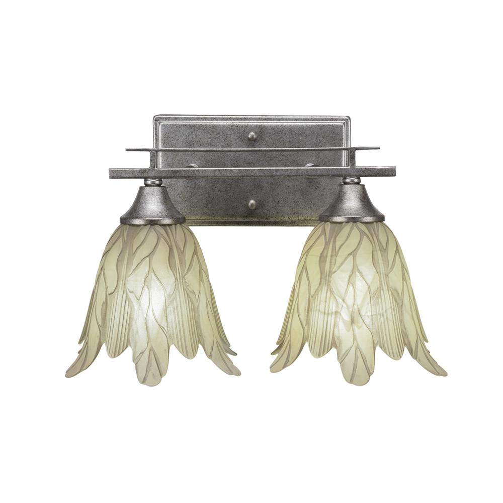 Toltec Lighting 132-AS-1025 Uptowne 2 Light Bath Bar Shown In Aged Silver Finish With 7" Vanilla Leaf Glass