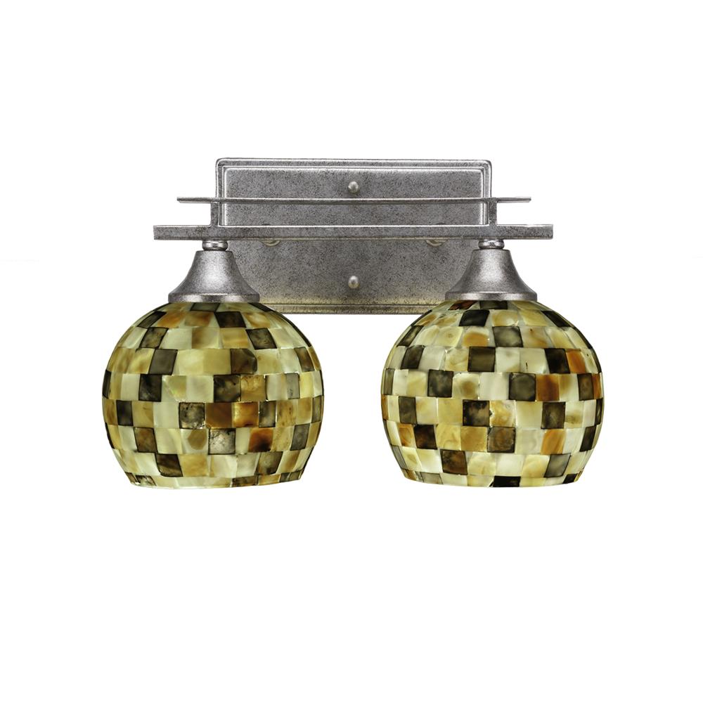 Toltec Lighting 132-AS-407 Uptowne 2 Light Bath Bar Shown In Aged Silver Finish With 6" Sea Mist Seashell Glass