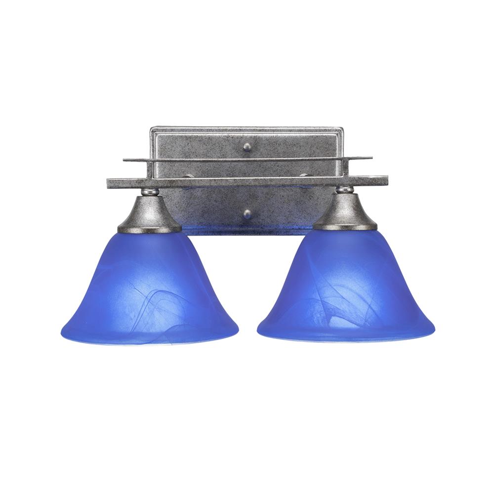 Toltec Lighting 132-AS-4155 Uptowne 2 Light Bath Bar Shown In Aged Silver Finish With 7" Blue Italian Glass