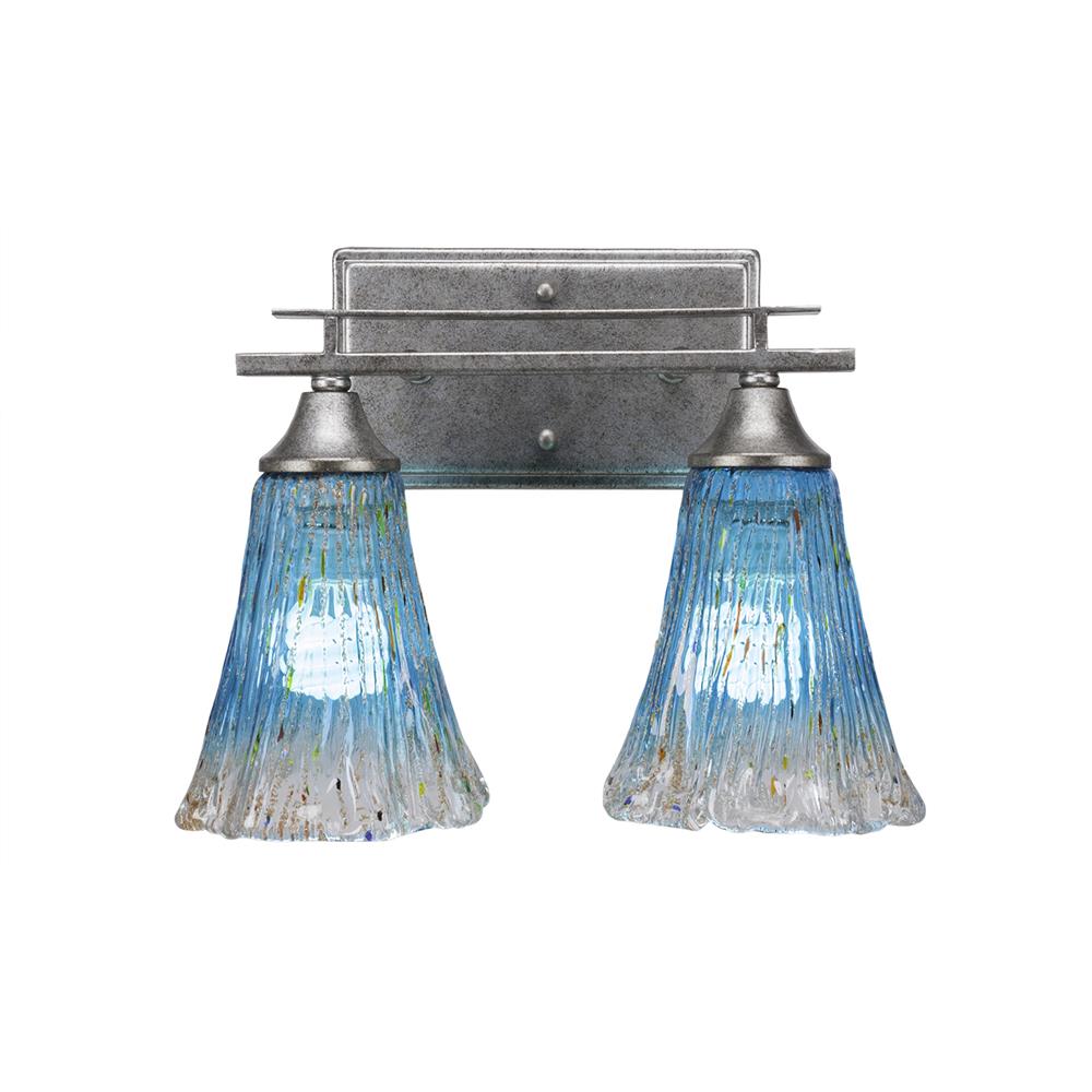 Toltec Lighting 132-AS-725 Uptowne 2 Light Bath Bar Shown In Aged Silver Finish With 5.5" Teal Crystal Glass