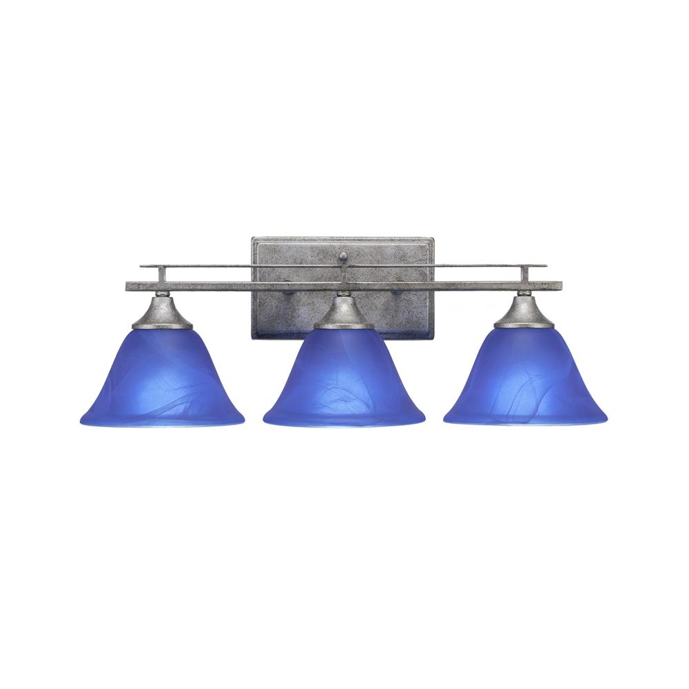 Toltec Lighting 133-AS-4155 Uptowne 3 Light Bath Bar Shown In Aged Silver Finish With 7" Blue Italian Glass