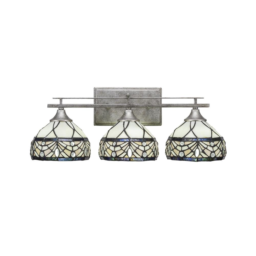 Toltec Lighting 133-AS-9485 Uptowne 3 Light Bath Bar Shown In Aged Silver Finish With 7" Royal Merlot Tiffany Glass