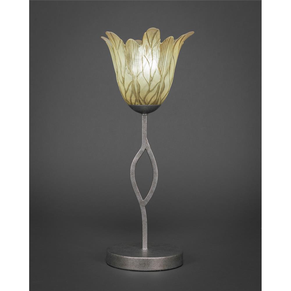 Toltec Lighting 140-AS-1025 Revo Mini Table Lamp Shown in Aged Silver Finish With 7" Vanilla Leaf Glass