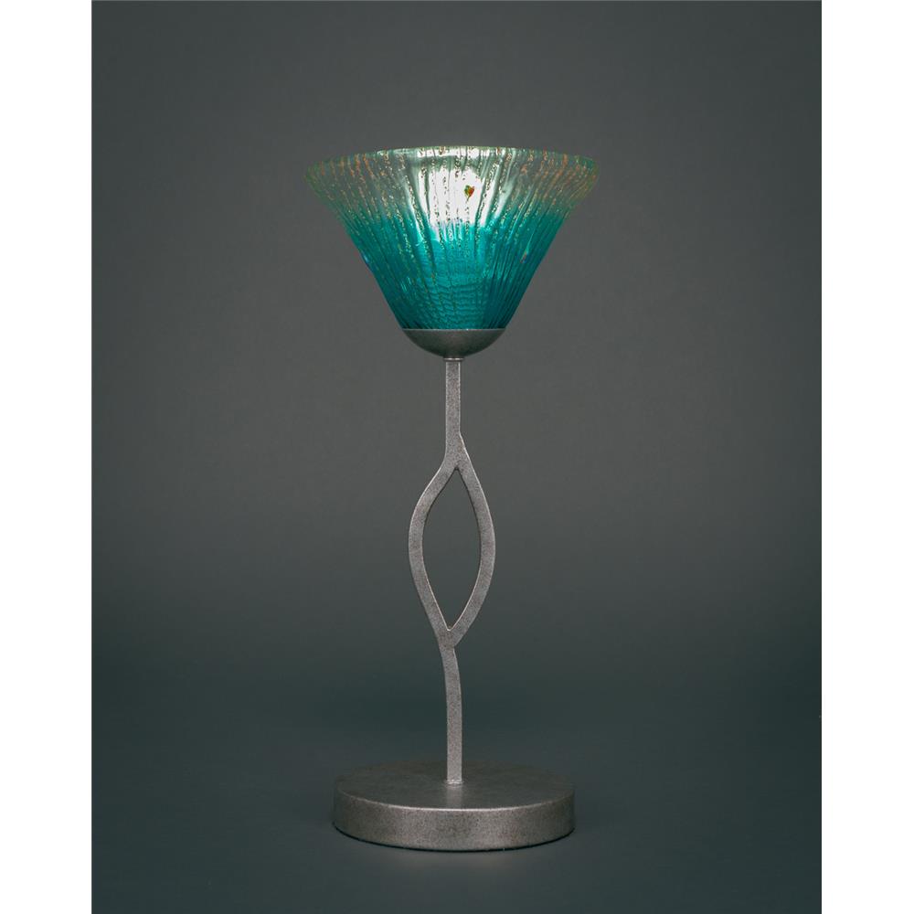 Toltec Lighting 140-AS-458 Revo Mini Table Lamp Shown in Aged Silver Finish With 7" Teal Crystal Glass