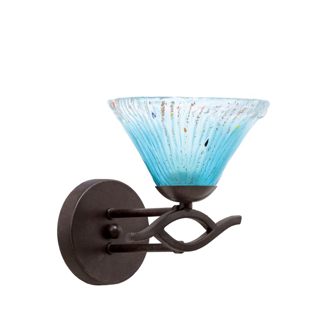 Toltec 141-DG-458 Revo Wall Sconce Shown In Dark Granite Finish With 7” Teal Crystal Glass