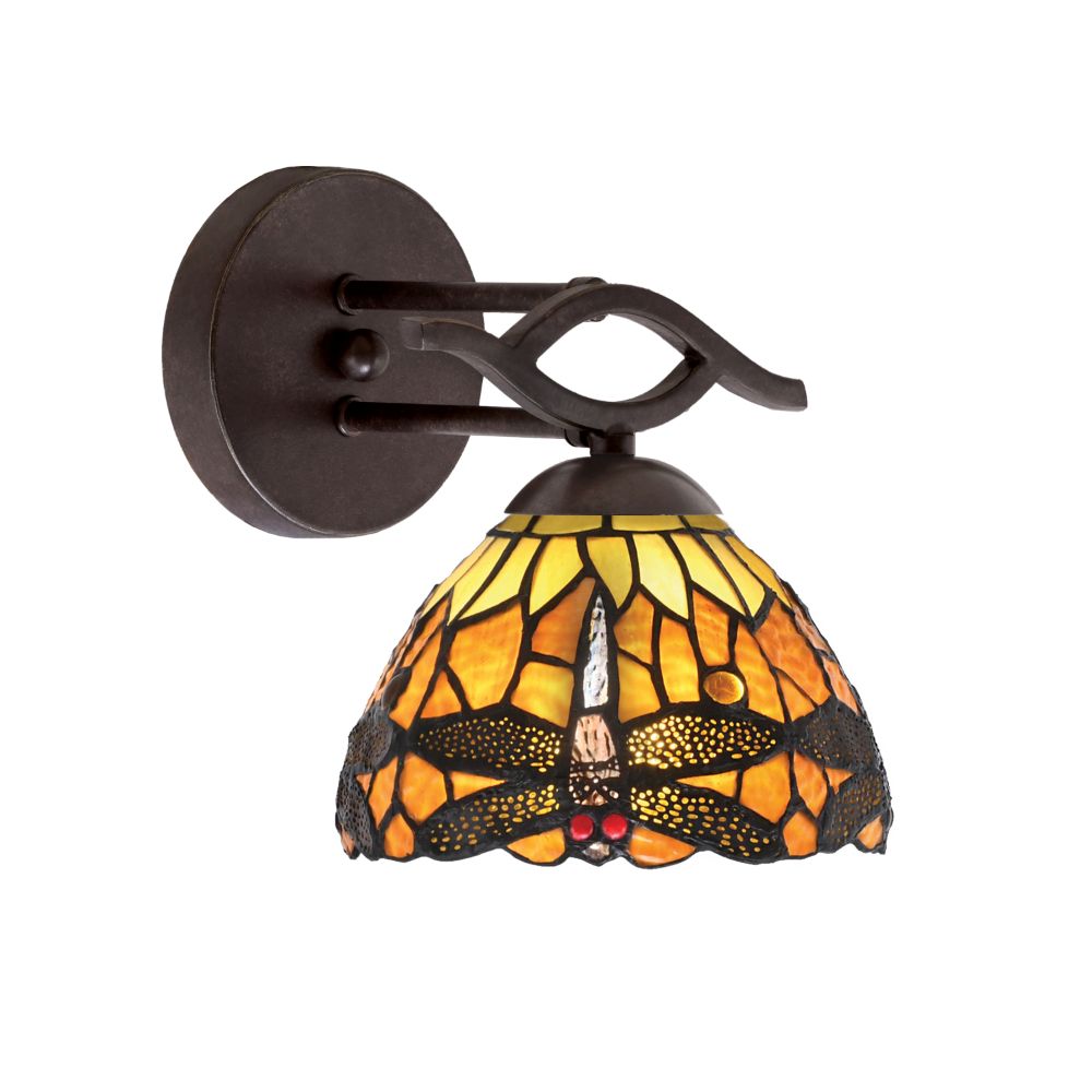 Toltec 141-DG-9465 Revo Wall Sconce Shown In Dark Granite Finish With 7” Amber Dragonfly Tiffany Glass