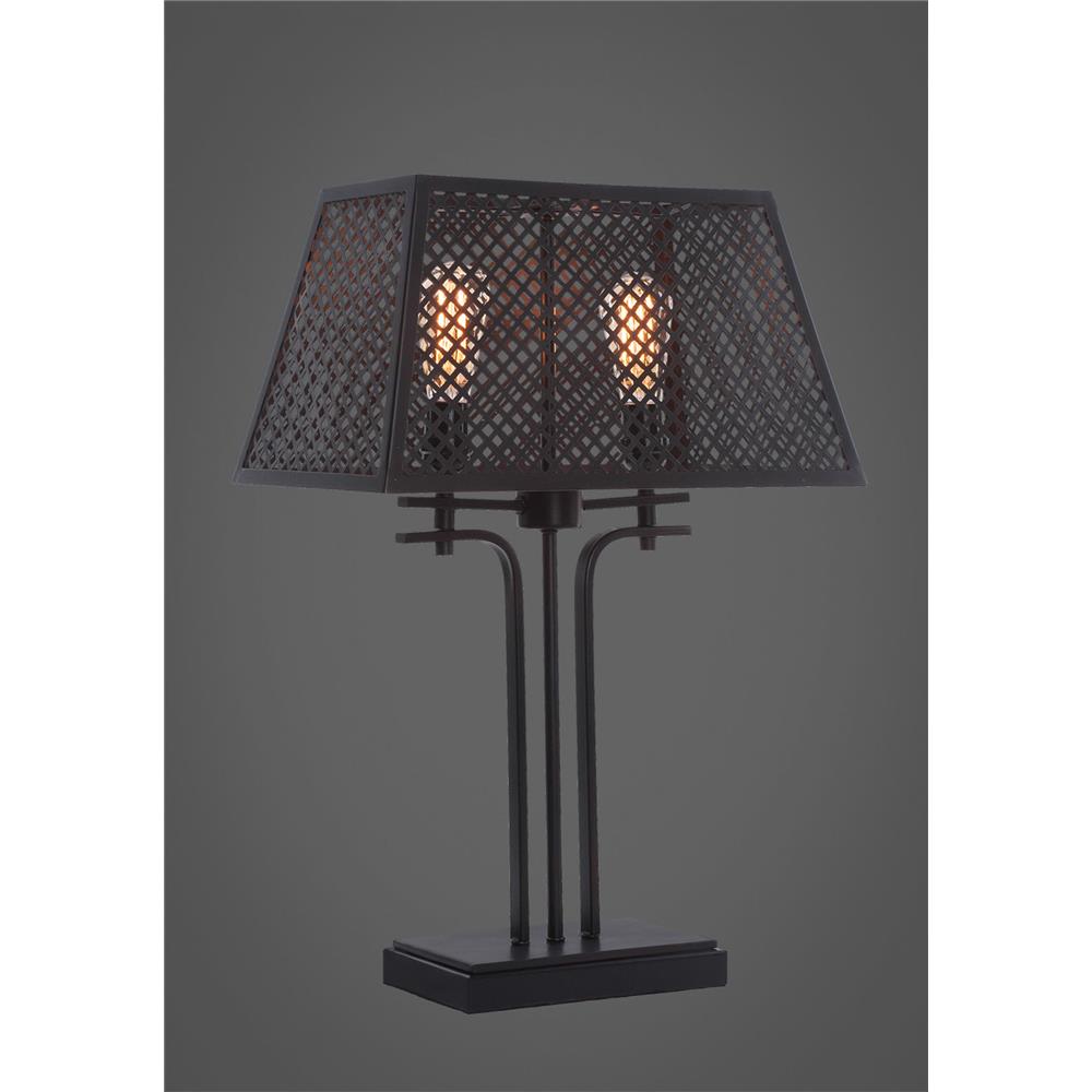 Toltec 1411-ES-LED18A Corbello 2 Light Table Lamp Shown In Espresso Finish With 16” Espresso Metal Shades And Amber Antique LED Bulbs