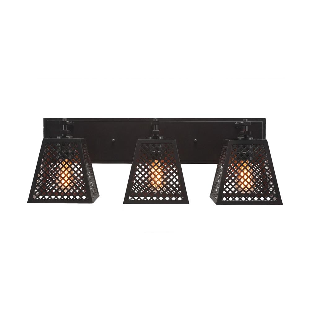 Toltec Lighting 1433-ES-LED18A Corbello 3 Light Bath Bar Shown In Espresso Finish With 7” Espresso Metal Shades And Amber Antique LED Bulbs
