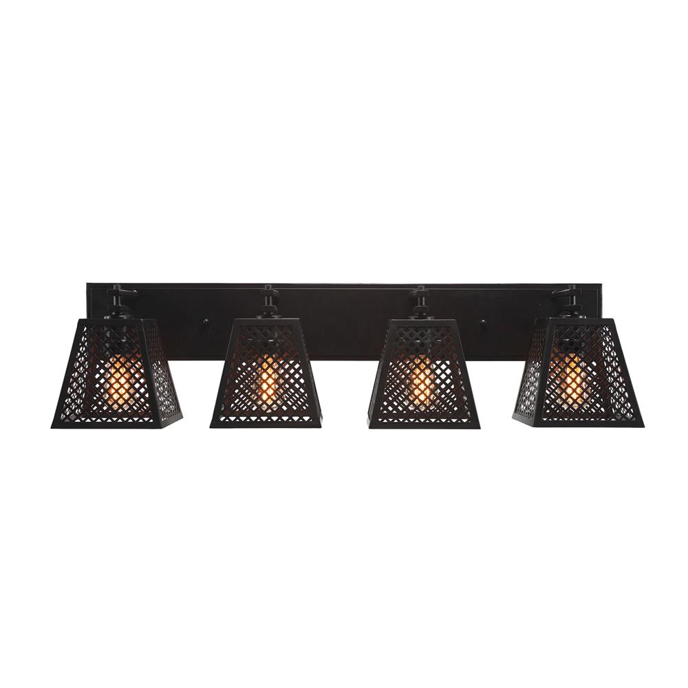 Toltec Lighting 1434-ES-LED18A Corbello 4 Light Bath Bar Shown In Espresso Finish With 7” Espresso Metal Shades And Amber Antique LED Bulbs