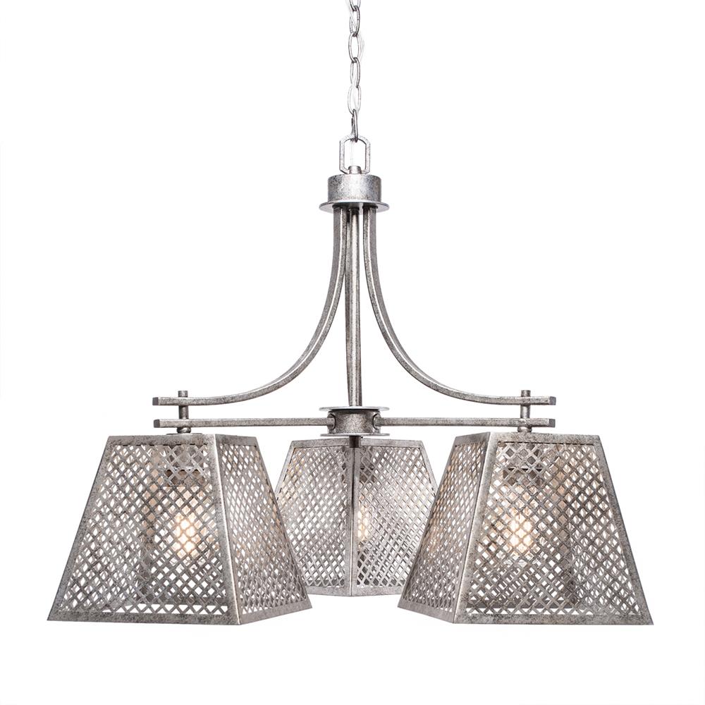 Toltec Lighting 1443-AS-LED18C Corbello 3 Light Chandelier Shown In Aged Silver Finish With 9.5” Aged Silver Metal Shades And Clear Antique LED Bulbs