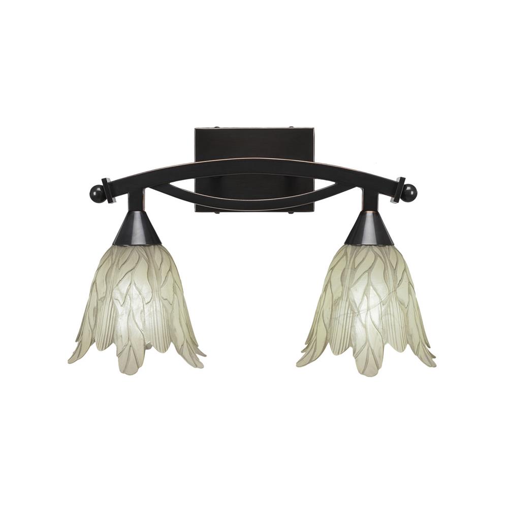 Toltec Lighting 172-BC-1025 Bow 2 Light Bath Bar Shown In Black Copper Finish with 7" Vanilla Leaf Glass