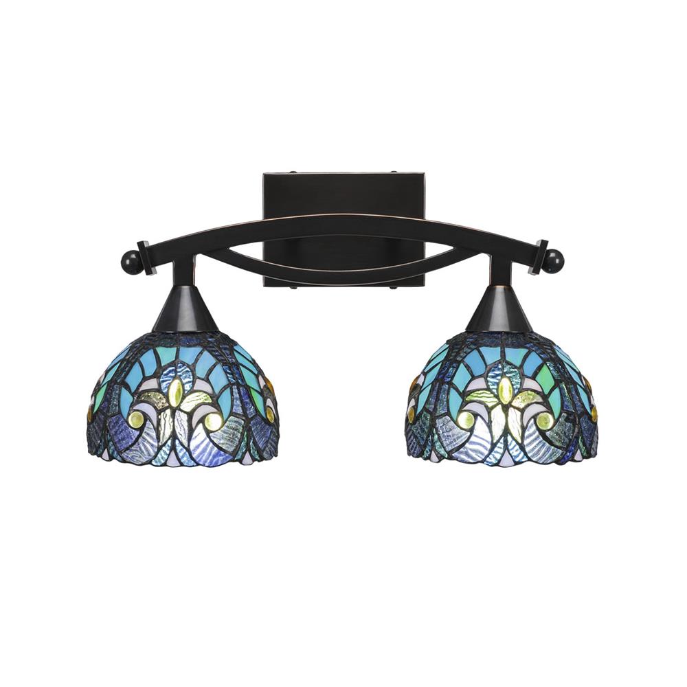 Toltec Lighting 172-BC-9925 Bow 2 Light Bath Bar Shown In Black Copper Finish with 7" Turquoise Cypress Tiffany Glass