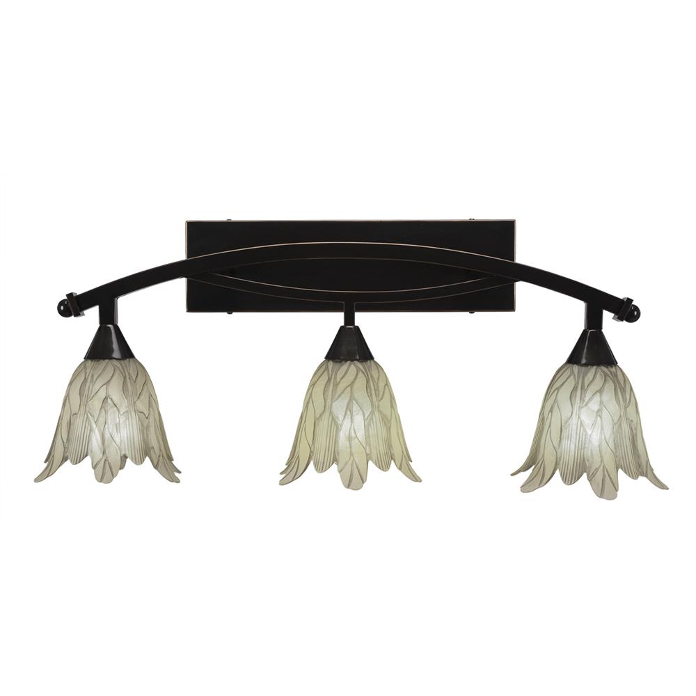 Toltec Lighting 173-BC-1025 Bow 3 Light Bath Bar Shown In Black Copper Finish with 7" Vanilla Leaf Glass