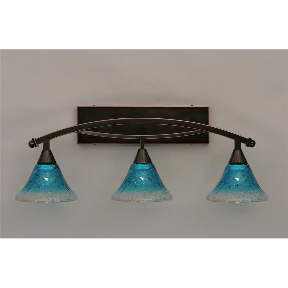 Toltec Lighting 173-BC-458 Bow 3 Light Bath Bar Shown In Black Copper Finish With 7 in. Teal Crystal Glass