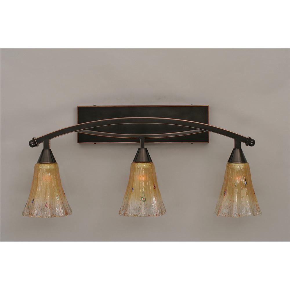 Toltec Lighting 173-BC-720 Bow 3 Light Bath Bar Shown In Black Copper Finish With 5.5 in. Amber Crystal Glass