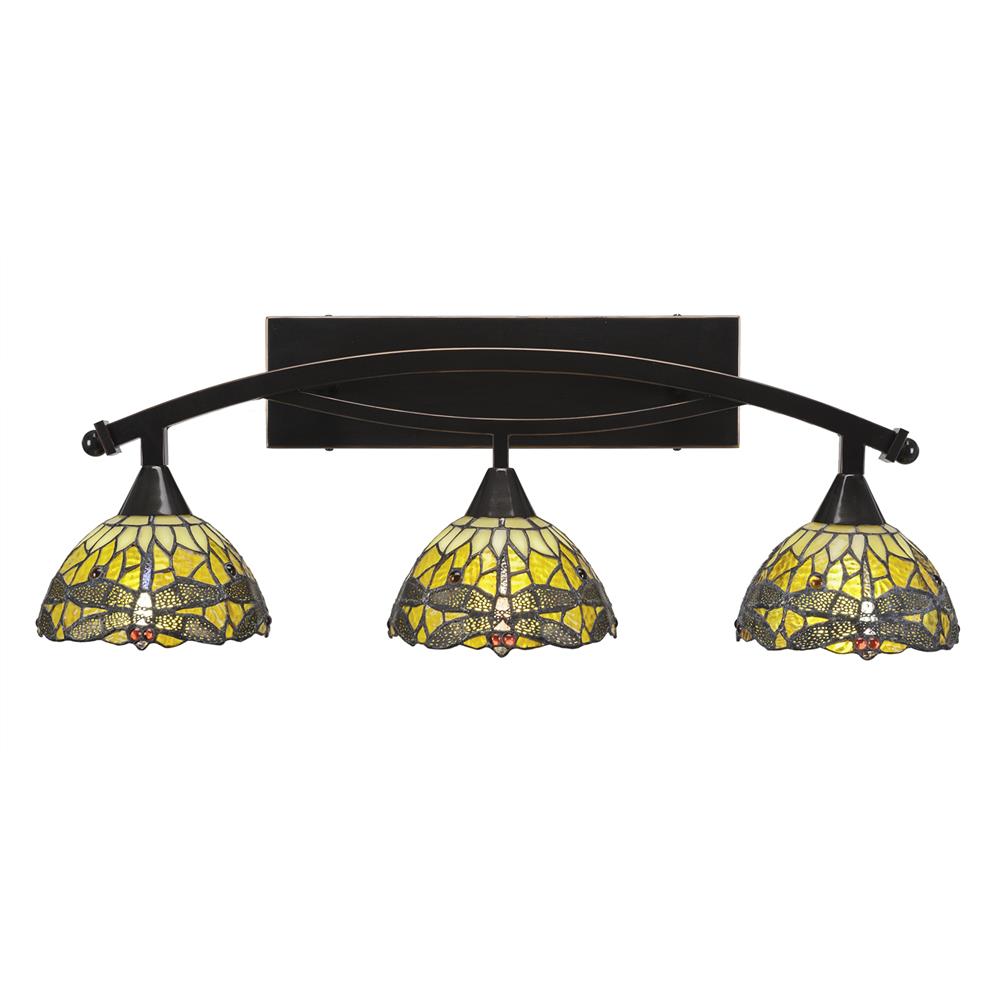 Toltec Lighting 173-BC-9465 Bow 3 Light Bath Bar Shown In Black Copper Finish with 7" Amber Dragonfly Tiffany Glass