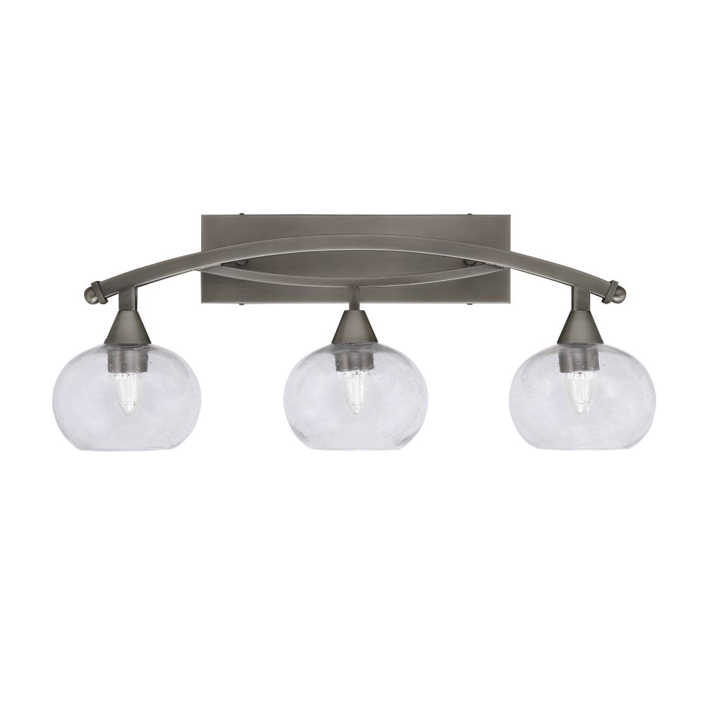 Toltec 173-BN-202 Bow 3 Light Bath Bar Shown In Brushed Nickel Finish With 7" Clear Bubble Glass