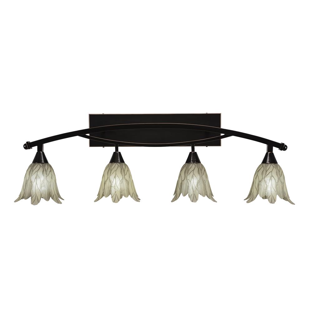 Toltec Lighting 174-BC-1025 Bow 4 Light Bath Bar Shown In Black Copper Finish with 7" Vanilla Leaf Glass