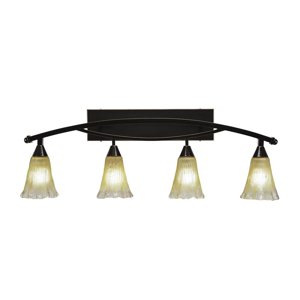 Toltec Lighting 174-BC-720 Bow 4 Light Bath Bar Shown In Black Copper Finish With 5.5 in. Amber Crystal Glass