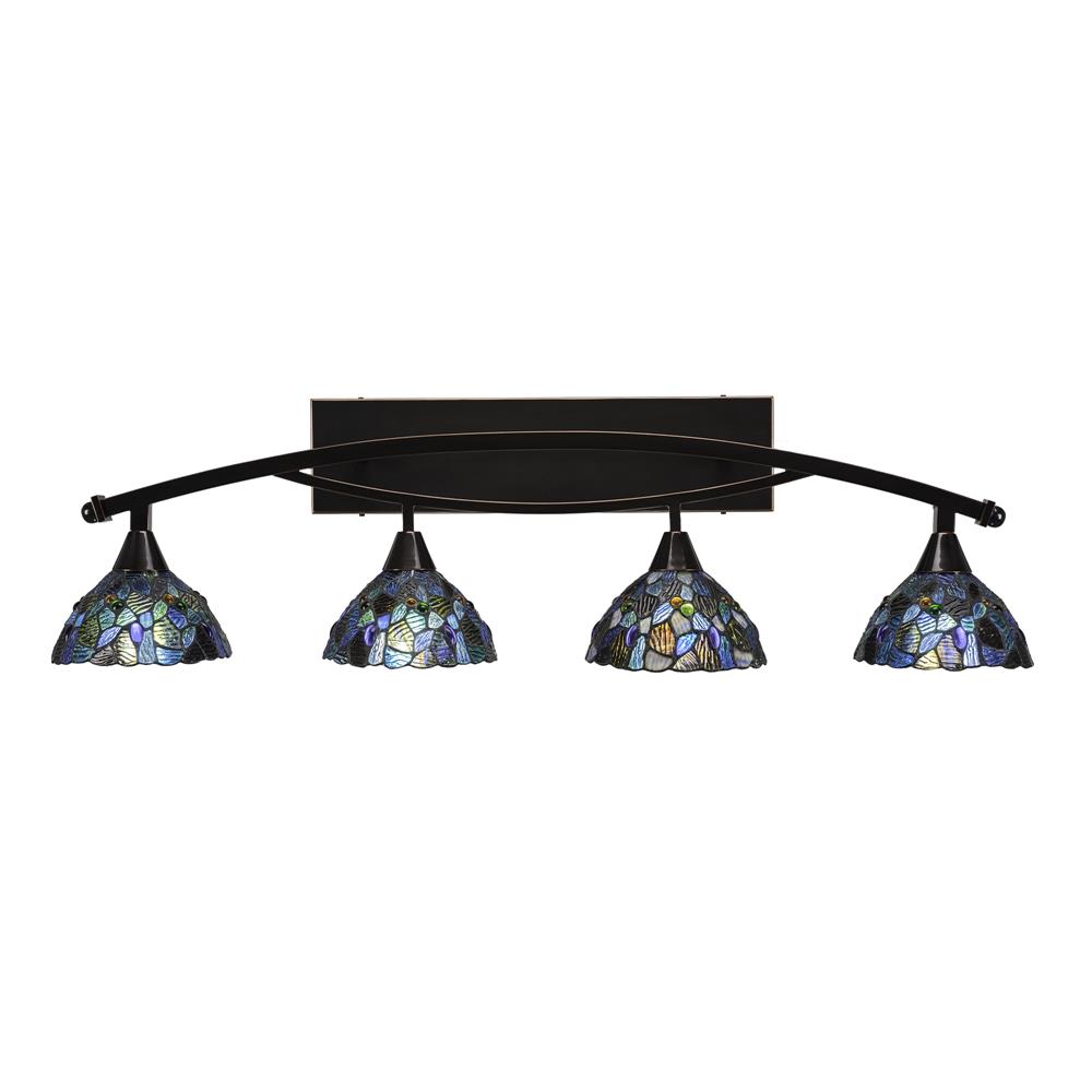 Toltec Lighting 174-BC-9955 Bow 4 Light Bath Bar Shown In Black Copper Finish with 7" Blue Mosaic Tiffany Glass