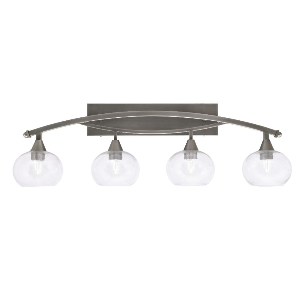 Toltec 174-BN-202 Bow 4 Light Bath Bar Shown In Brushed Nickel Finish With 7" Clear Bubble Glass