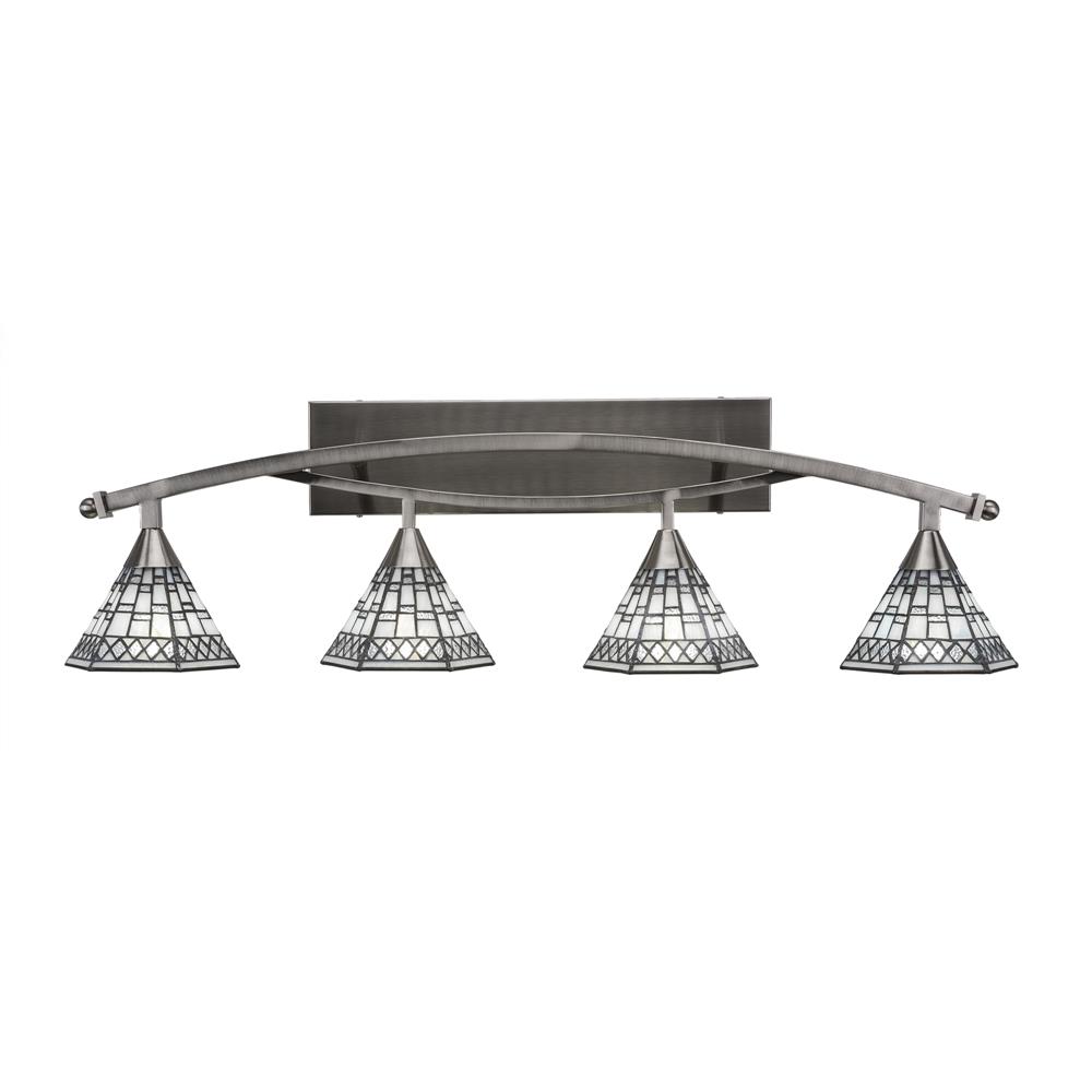 Toltec Lighting 174-BN-9105 Bow 4 Light Bath Bar Shown In Brushed Nickel Finish with 7" Pewter Tiffany Glass