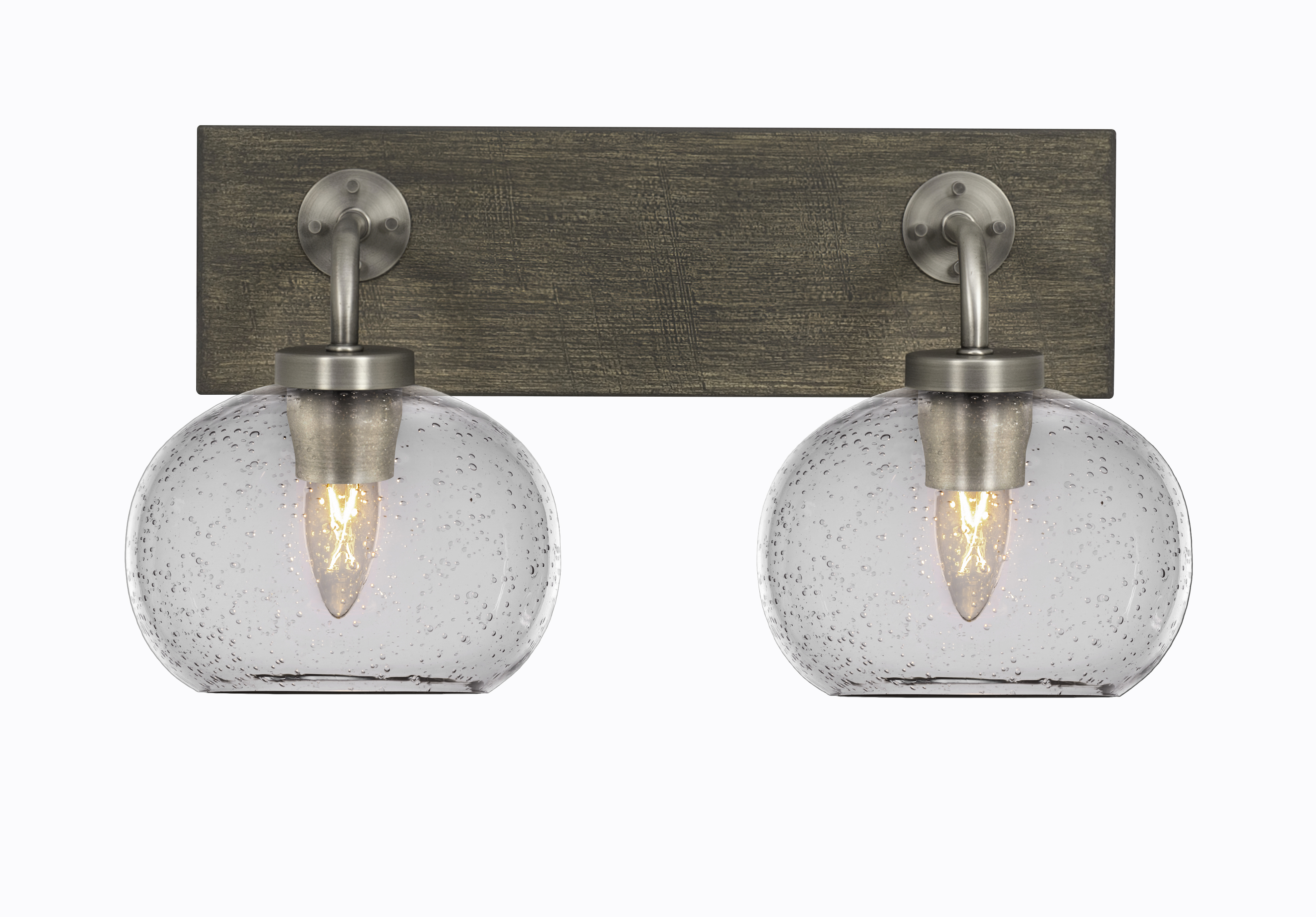 Toltec Lighting 1772-GPDW-202 Oxbridge 2 Light Bath Bar In Graphite & Painted Distressed Wood-look Metal Finish With 7" Clear Bubble Glass