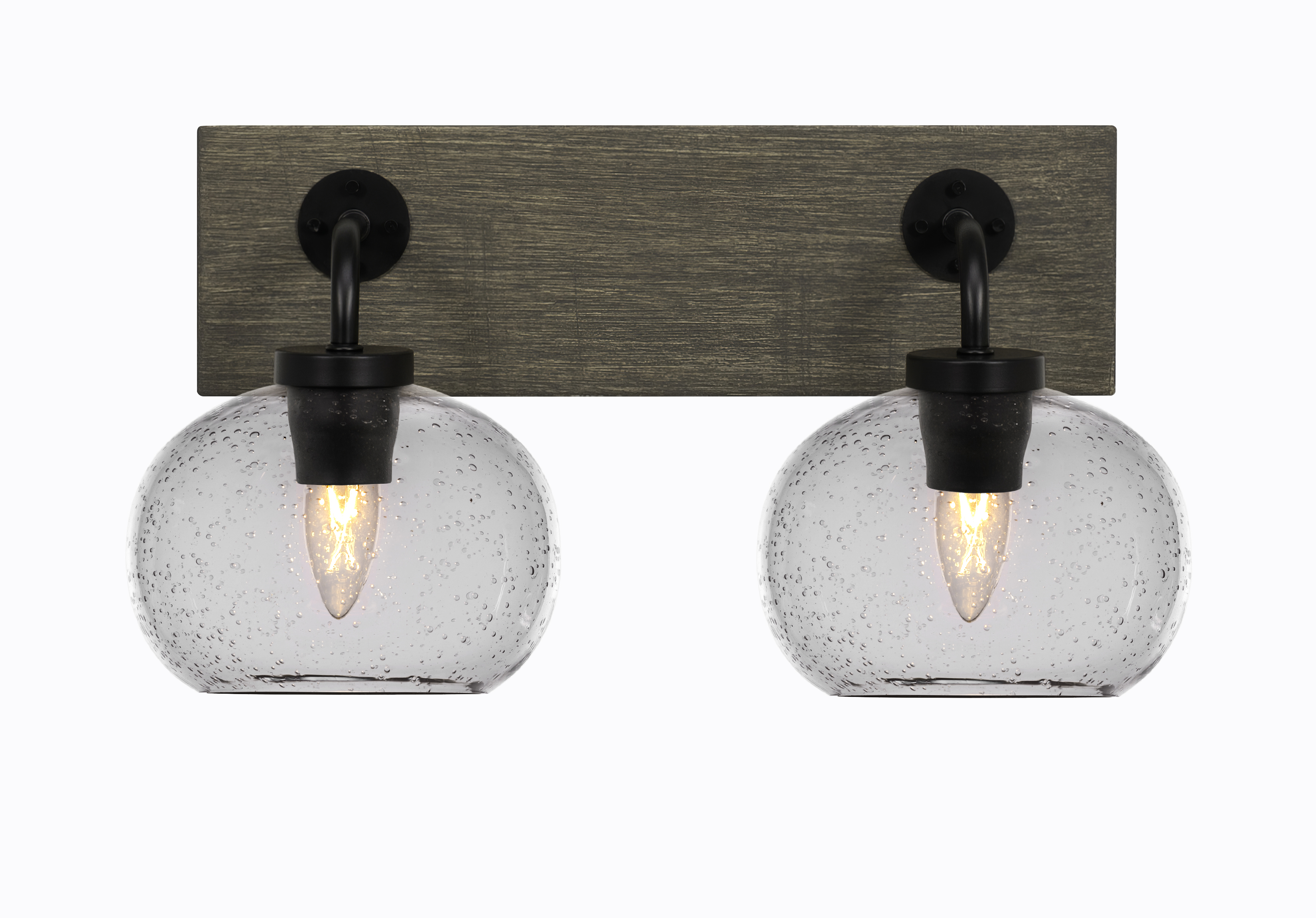 Toltec Lighting 1772-MBDW-202 Oxbridge 2 Light Bath Bar In Matte Black & Painted Distressed Wood-look Metal Finish With 7" Clear Bubble Glass